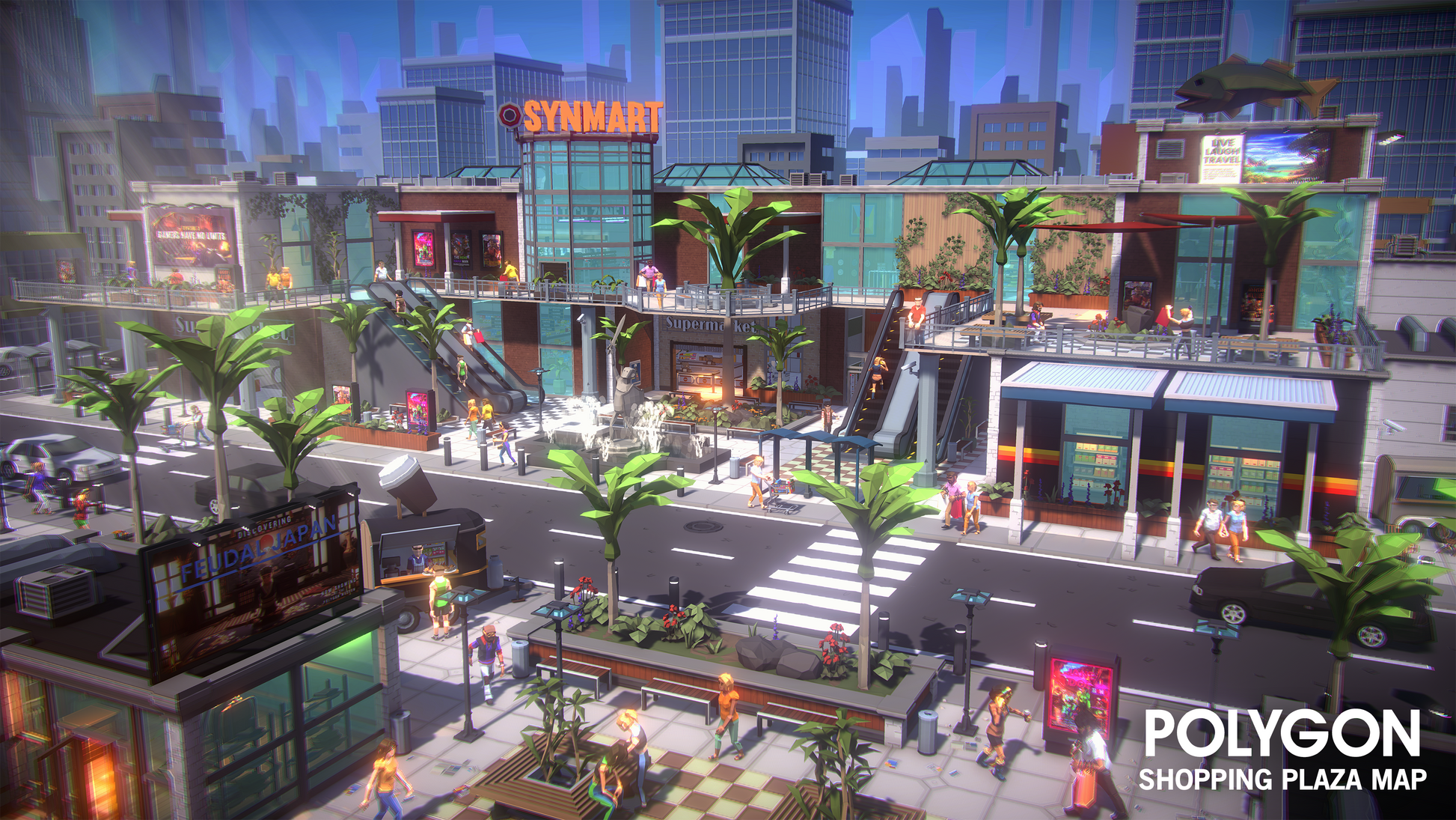 Animated cityscape with a shopping plaza featuring a Synmart store, surrounded by palm trees and people.