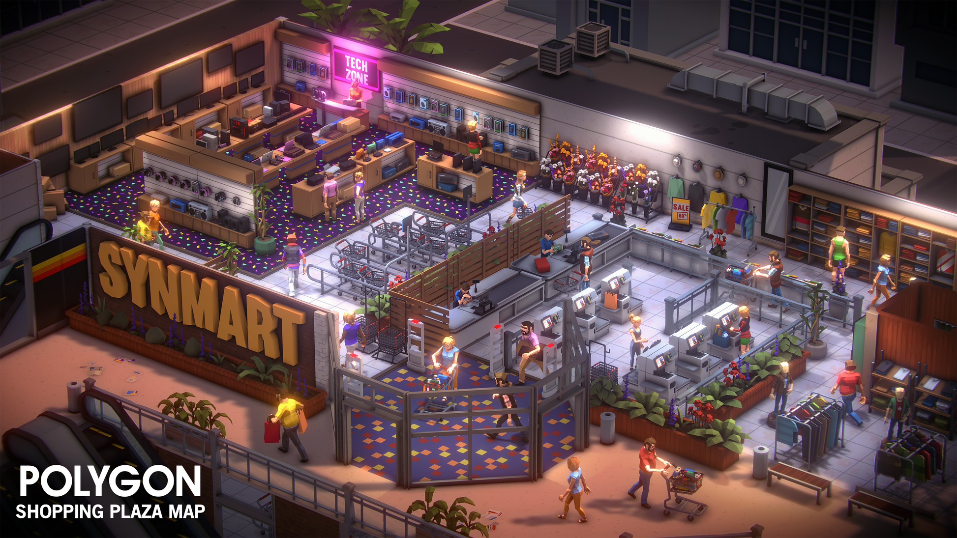 Isometric view of a shopping plaza map with SYNMART store, people, and various shops.