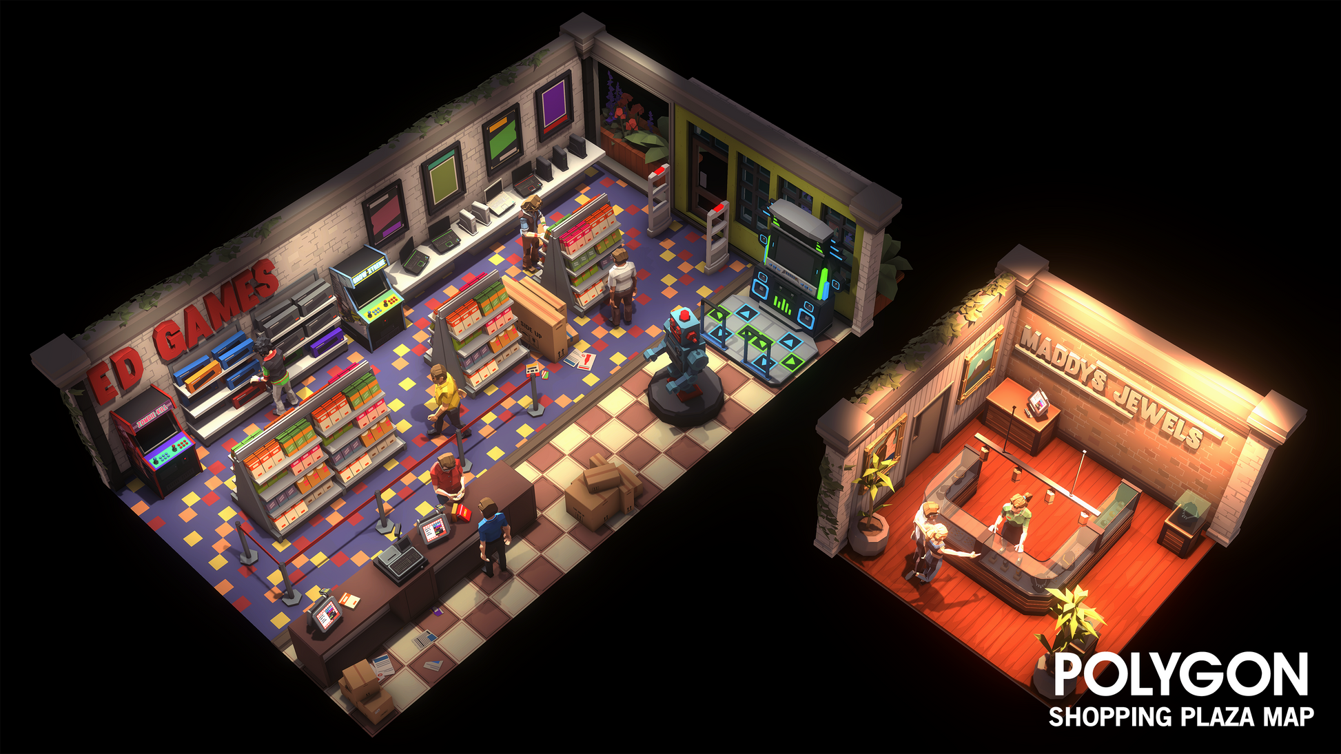 Isometric view of ED GAMES and Maddy's Jewels within a shopping plaza