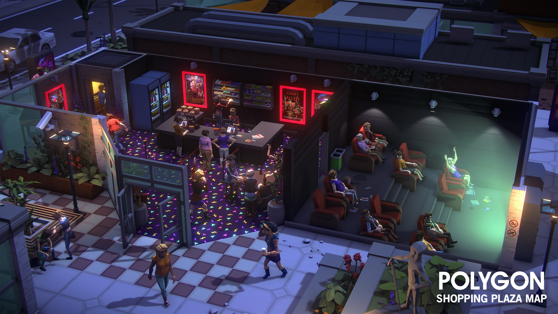 Top-down view of a 3D animated shopping plaza with various shops and people