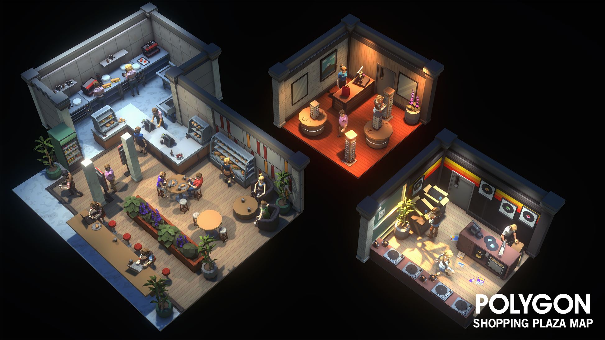 Isometric view of a shopping plaza map with various shops and people