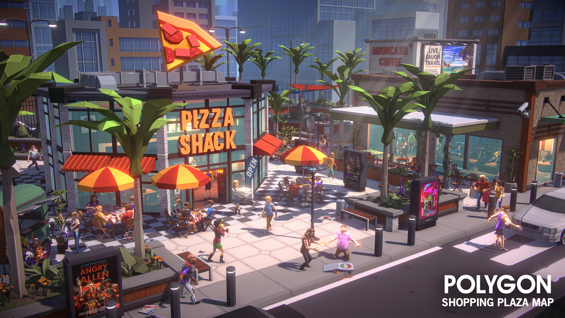 Sunny animated shopping plaza with Pizza Shack and other shops, featuring people and palm trees.