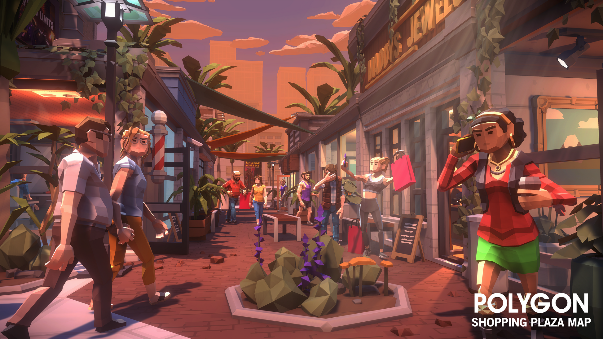 Colorful animated shopping plaza with people and stores designed using the 3D components from the POLYGON Shopping Plaza Map