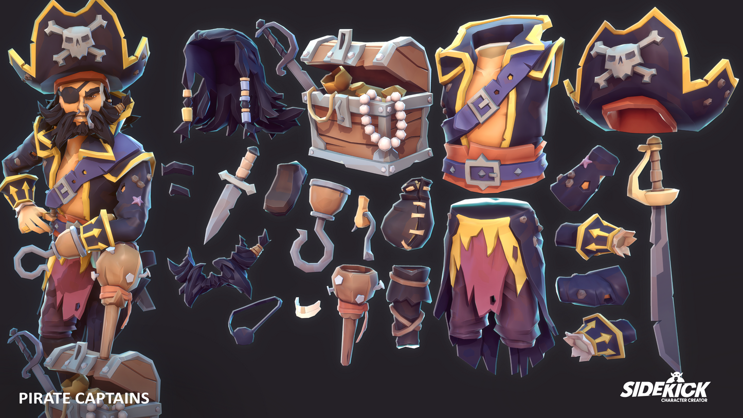 Set of pirate-themed character creator parts and accessories on a dark background with Sidekick branding.