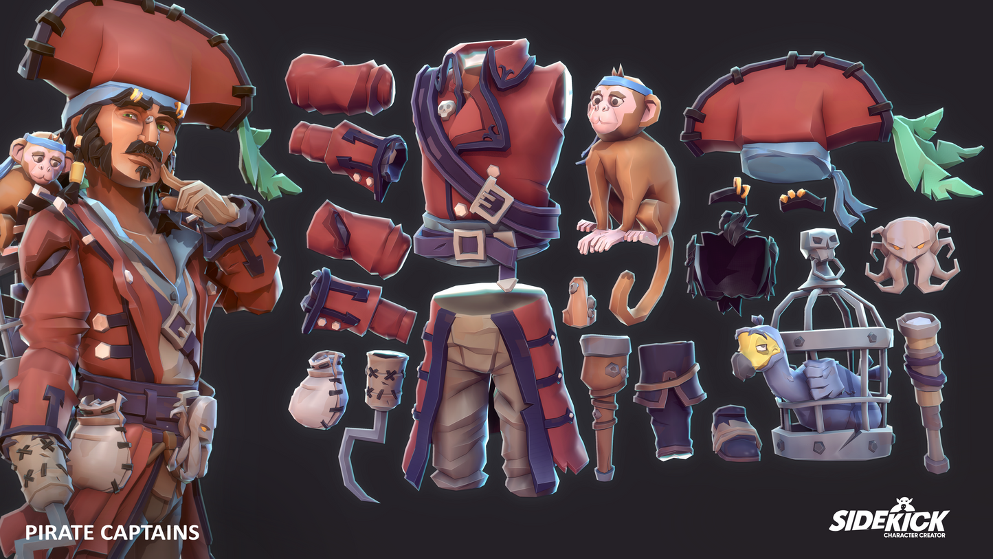 Pirate captain character with interchangeable parts on a dark background