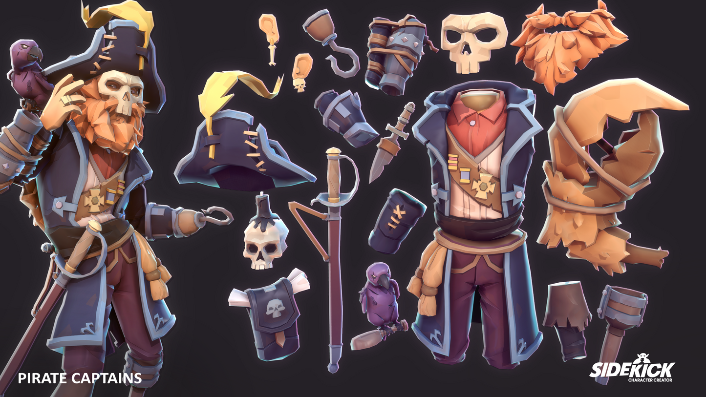 3D pirate captain character with various accessories on a dark background