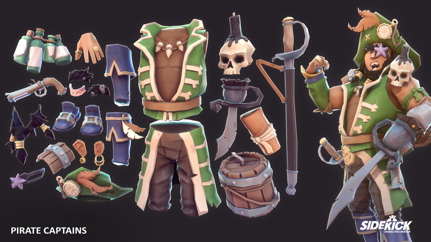 Collection of pirate-themed accessories and figures with Sidekick branding on a dark background.