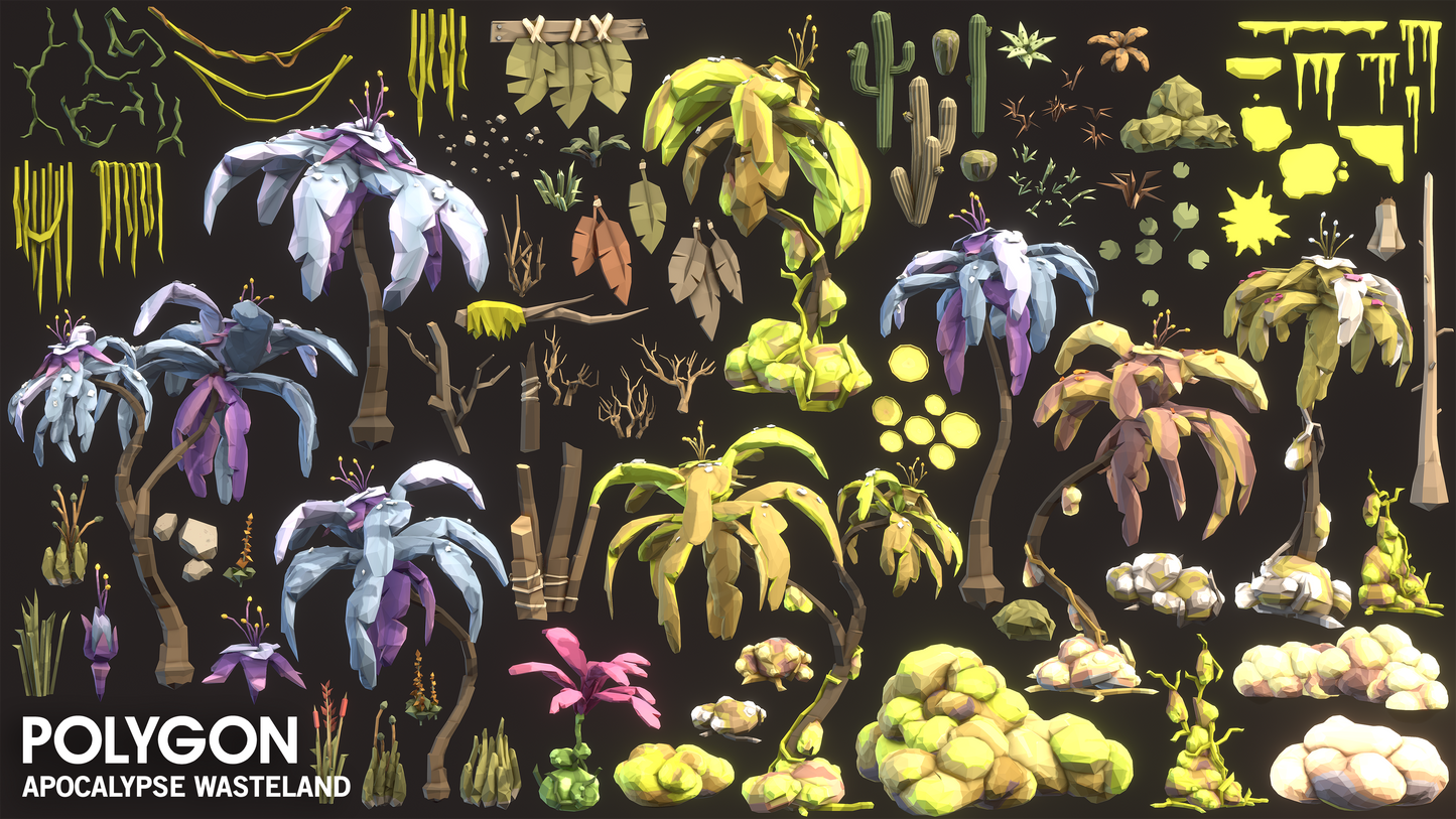 Apocalypse Wasteland environment assets including goop blobs, vines, bushes, rocks, dead trees, buttes, cactus, ferns, flowers and more