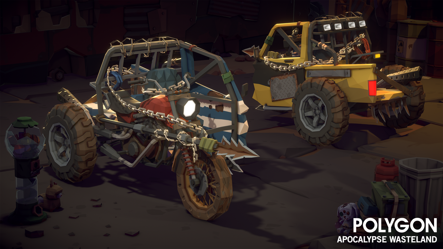 Two apocalyptic three-wheeled motorcycles parked in a grage