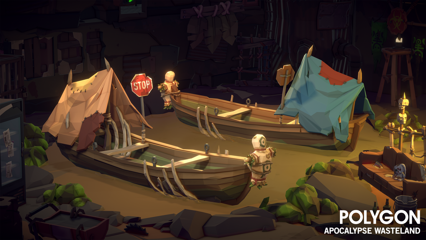 Two small rafts docked in a garage made from bone, wood and scrap