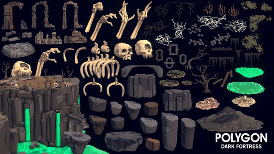 Collection of dark fantasy game assets including skeletons, bones, and landscapes from the POLYGON Dark Fortress 3D asset pack