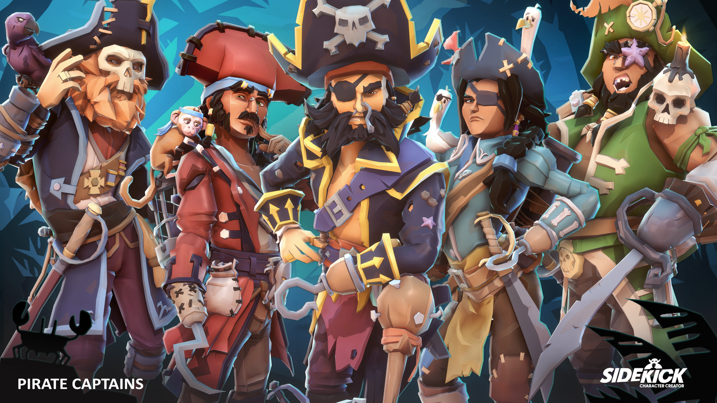 Five pirate captains in colorful costumes on a blue background