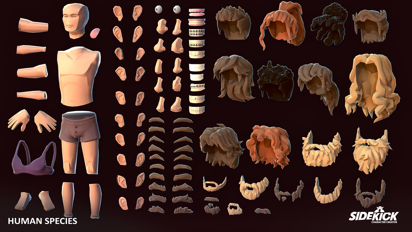 Set of human body parts and accessories on a dark background with Sidekick branding.