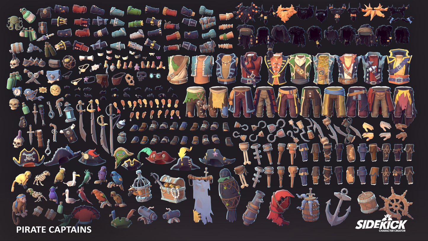 Collection of pirate-themed character assets and accessories on a dark background