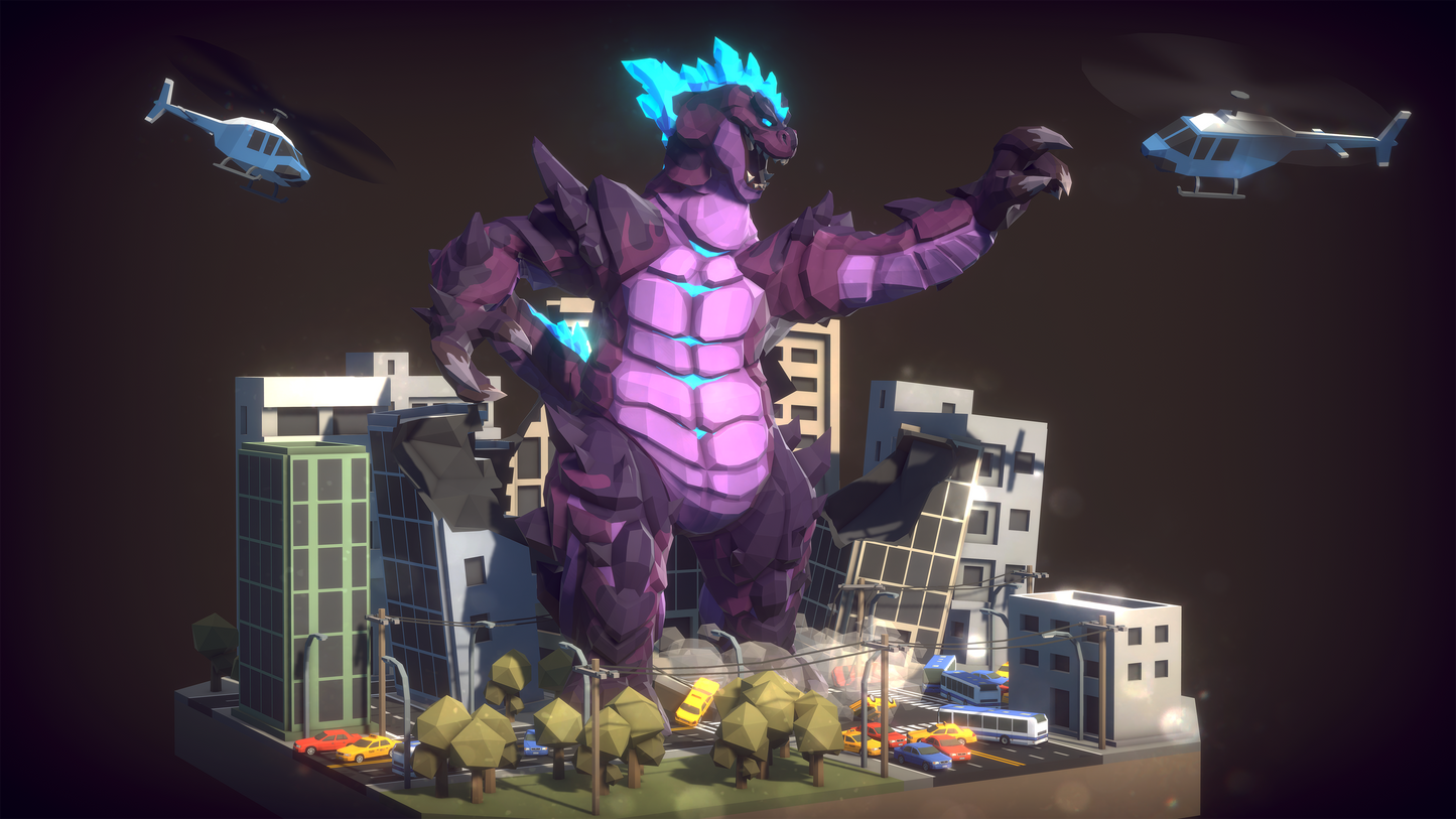 Lizard Kaiju reaching out with its claws to attack helicopters circling above it as it tramples through a city