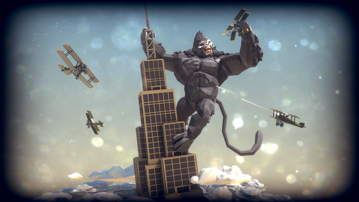 Gorilla Kaiju climbing to the top of a large skycraper fighting off military aircraft
