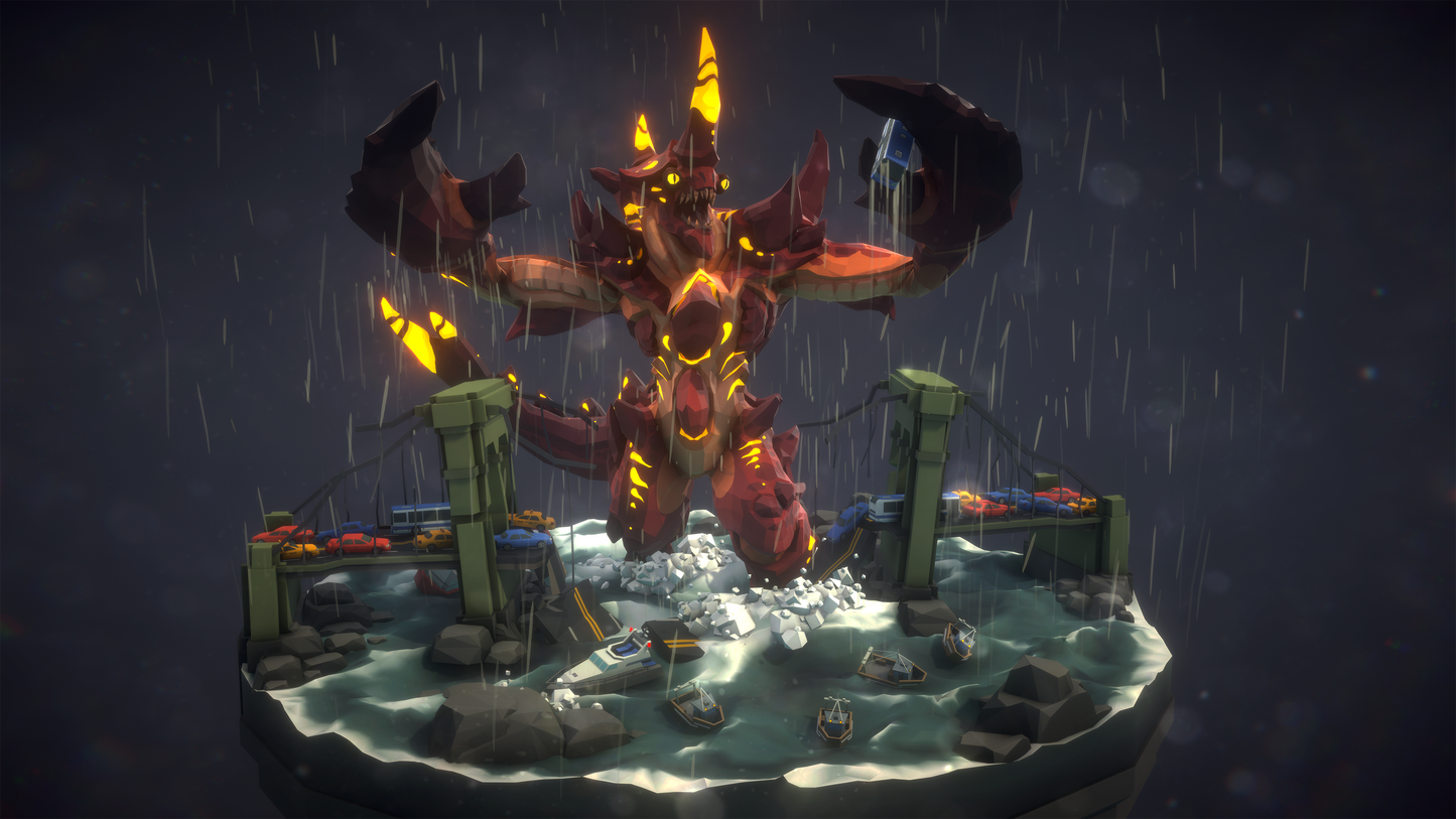 Crab Kaiju with its arms outstretched destroying a bridge