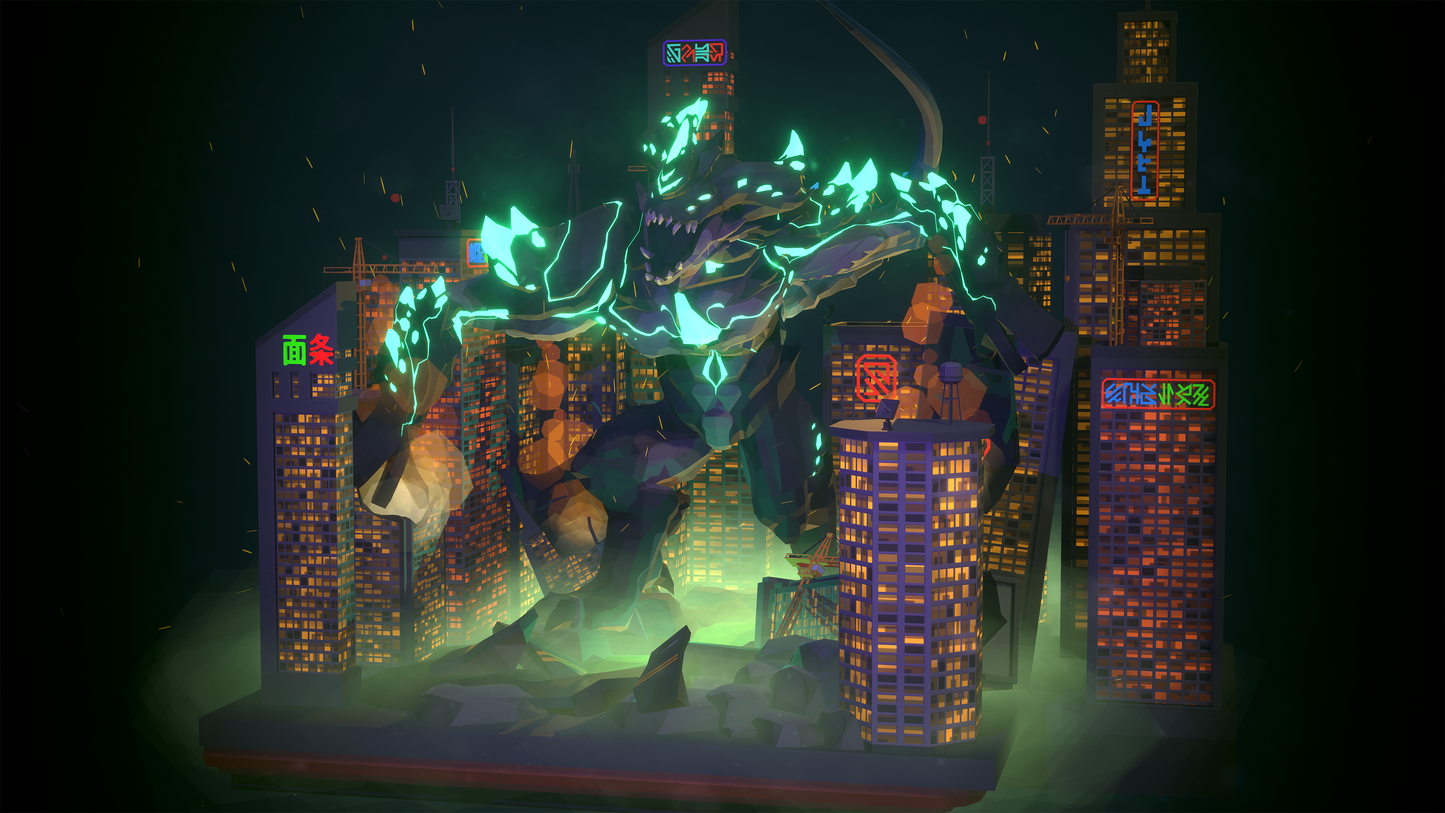 Alien Kaiju destroying building as it walks own a city street