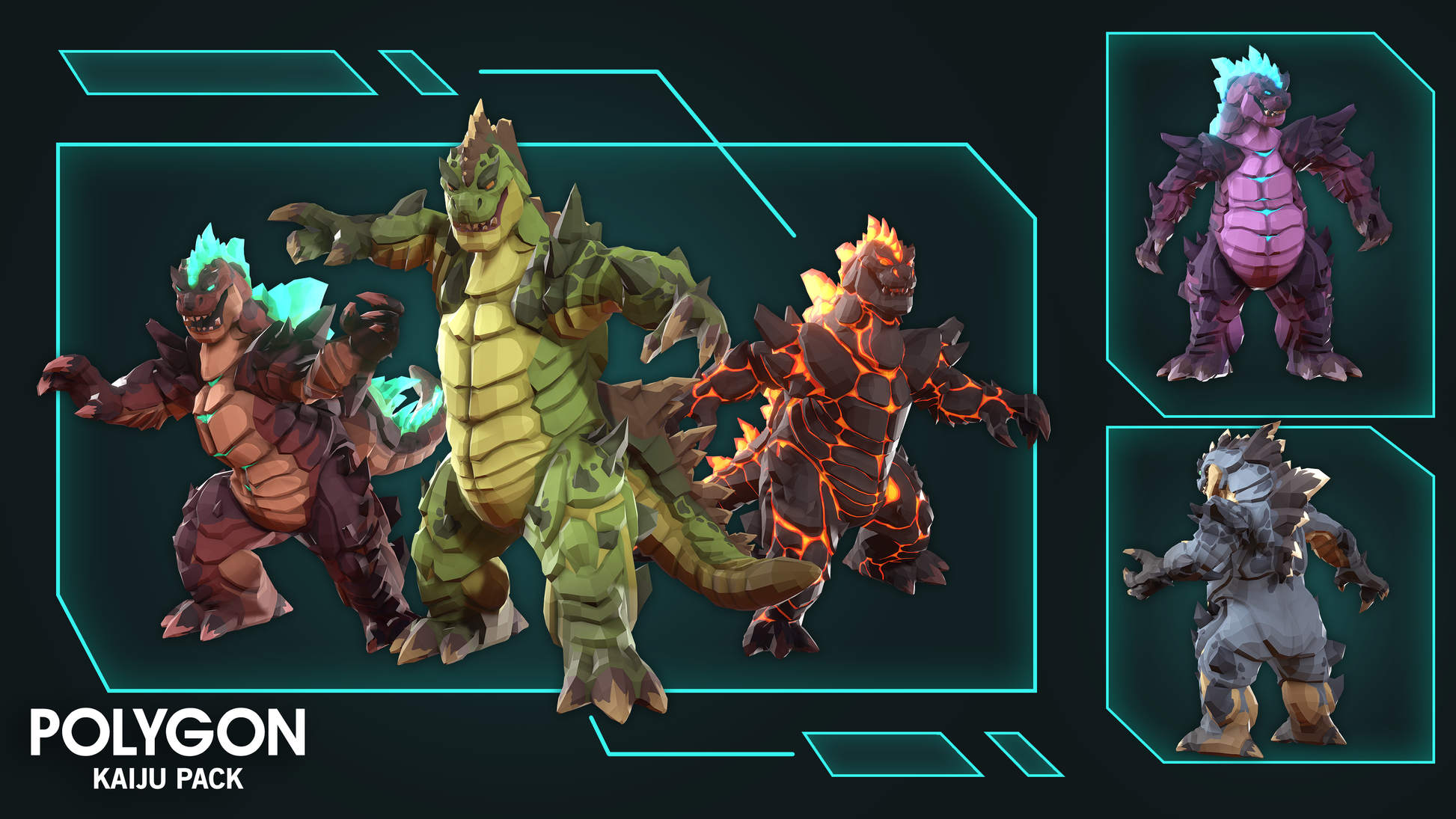 Polygon Kaiju 3D game asset pack showcasing the lizard monster character