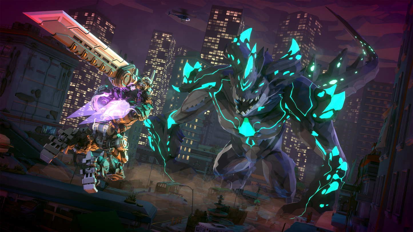 Mech battling a Kaiju in the middle of a city