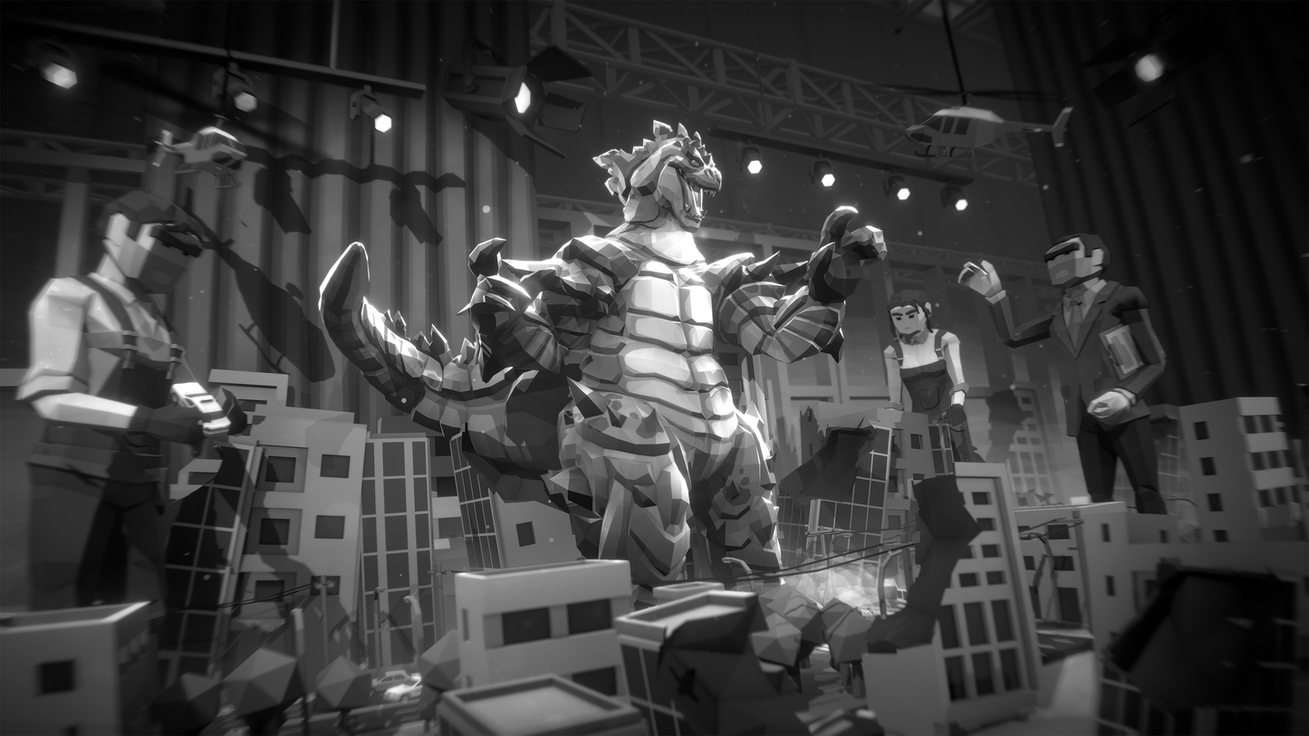 Low poly game scene where tv crew are filming a lizard Kaiju attacking a 3D model city