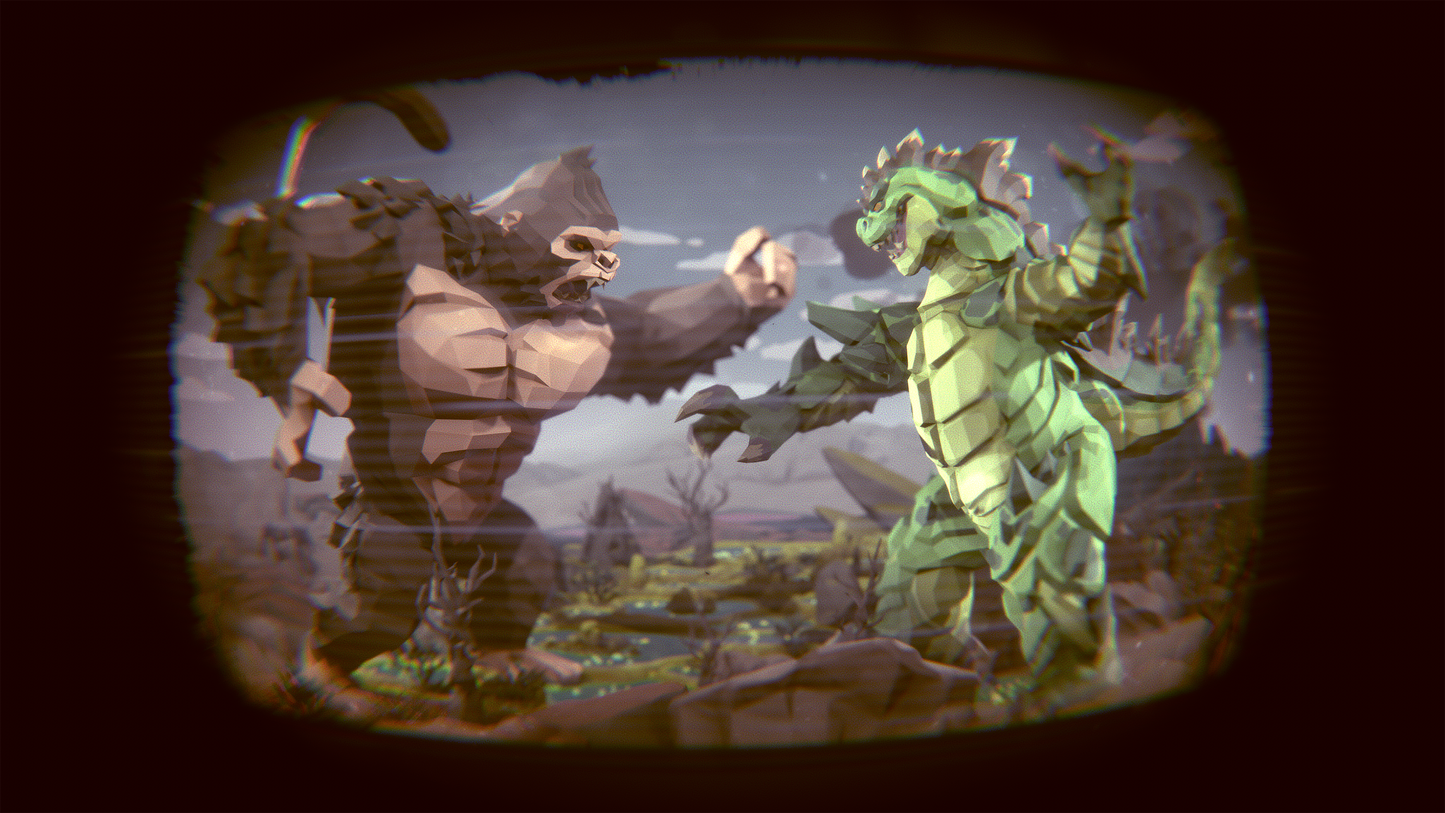 Gorilla and Lizard Kaiju monsters battling one another in an old tv set