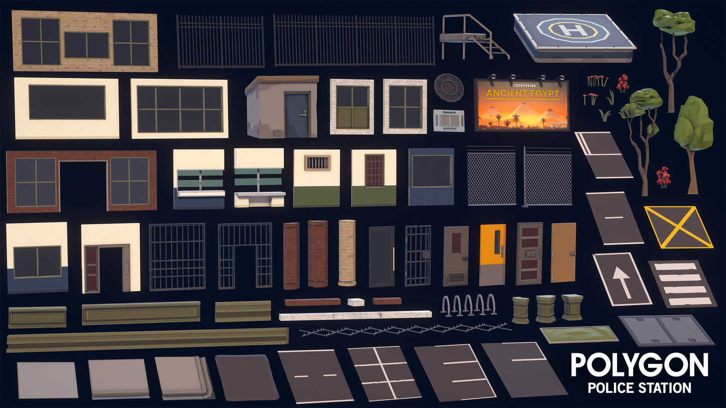 Building and interior game assets for creating a low poly 3D police station including office walls, jail cells, windows, walkways and holding rooms