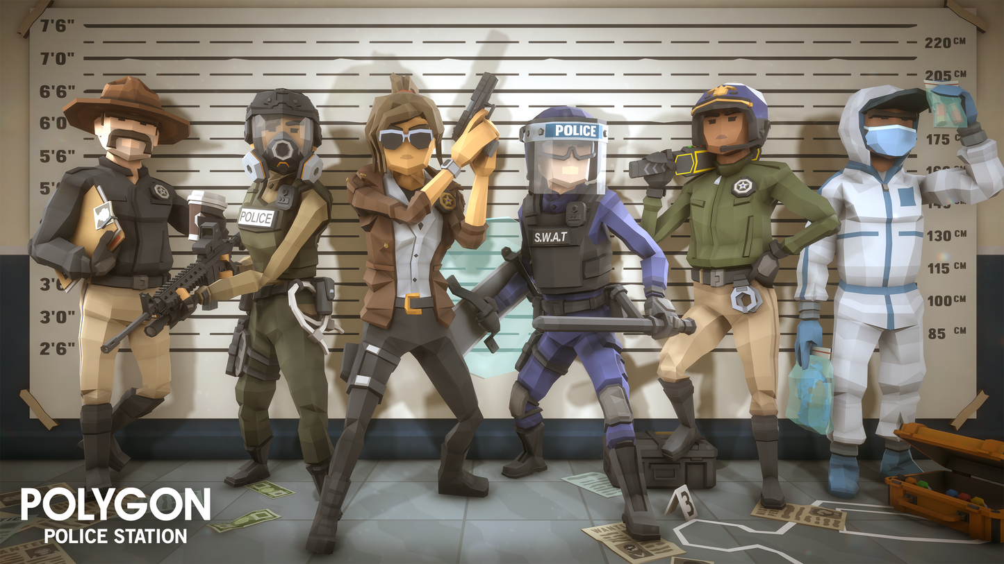 Police station character assets for game design including forensic, SWAT, highway and sheriff options