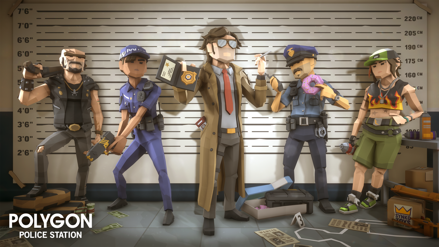 Low poly 3D game character assets including suspects, robbers, detectives and police officers