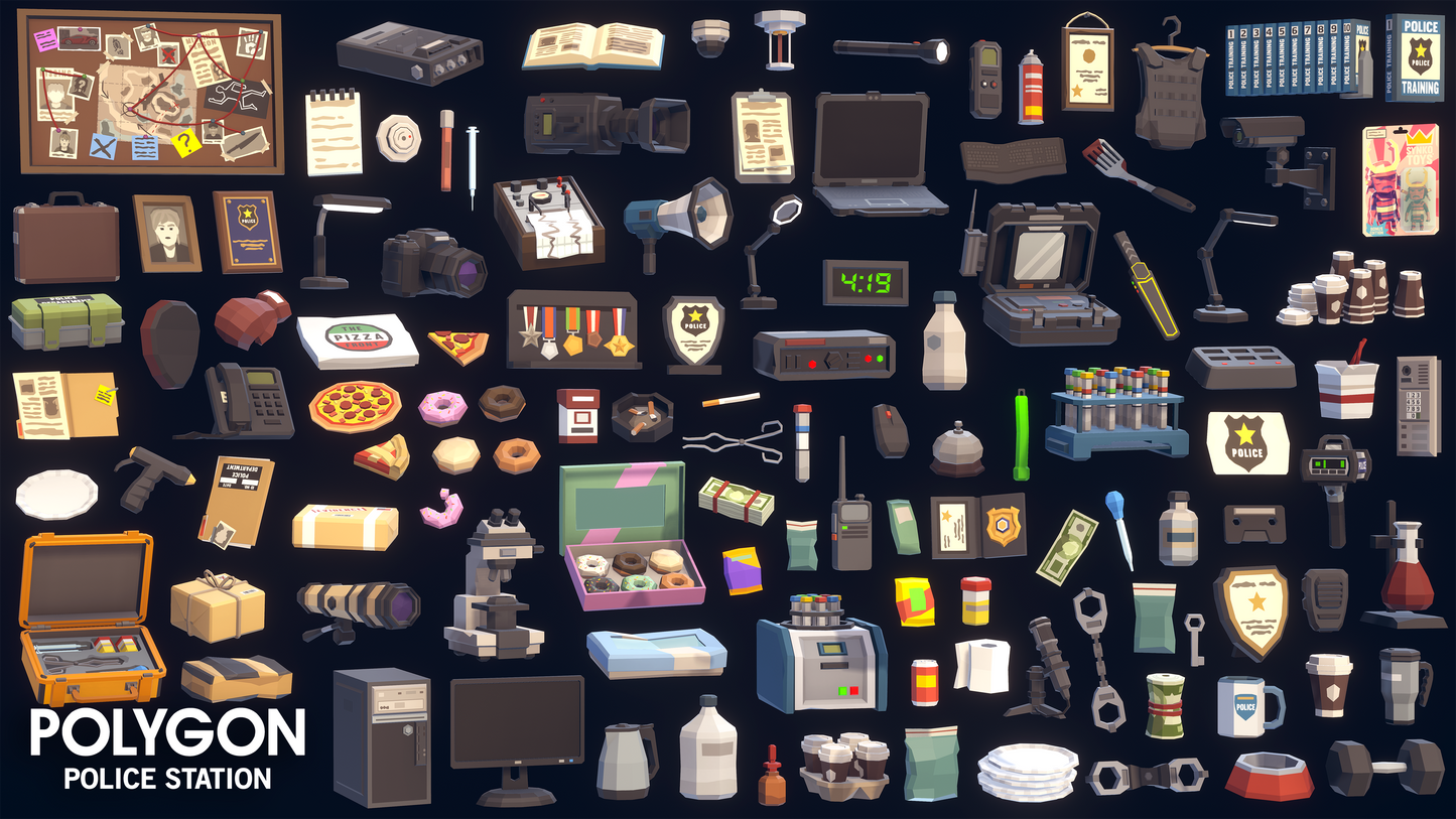3D police station game assets for populating different rooms including detective offices, police break rooms, holding cells and conference rooms