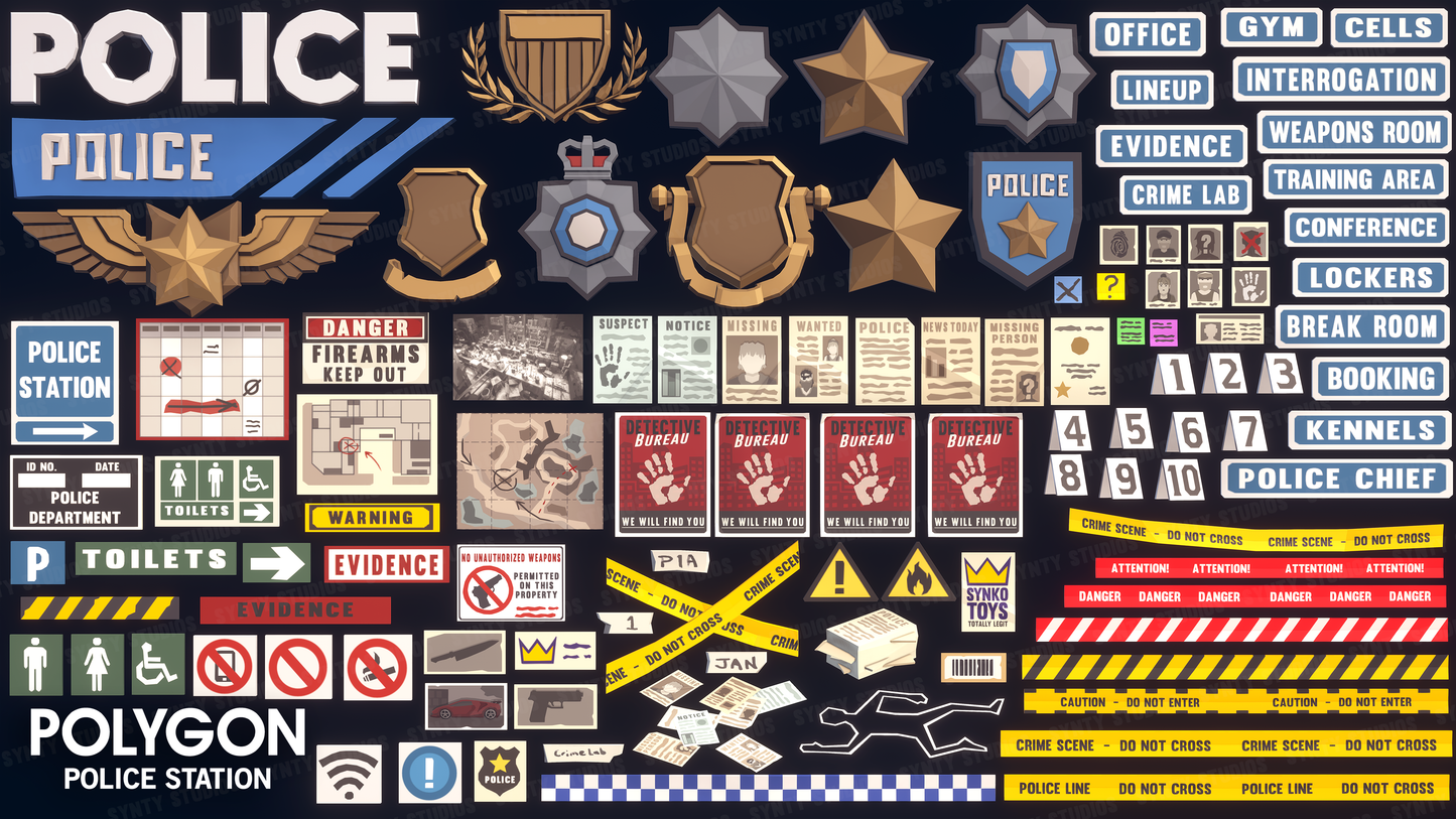 Low poly 3D police station signs for crime scences, holding cells, breakrooms and interrogation rooms