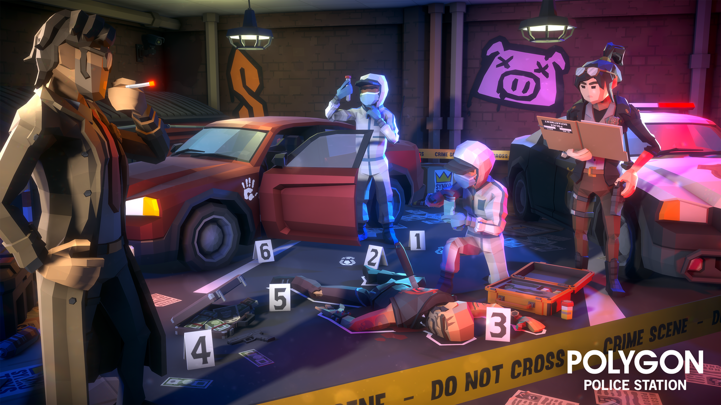 Polygon 3D crime scene assets including forensic, sheriff and detective characters and props