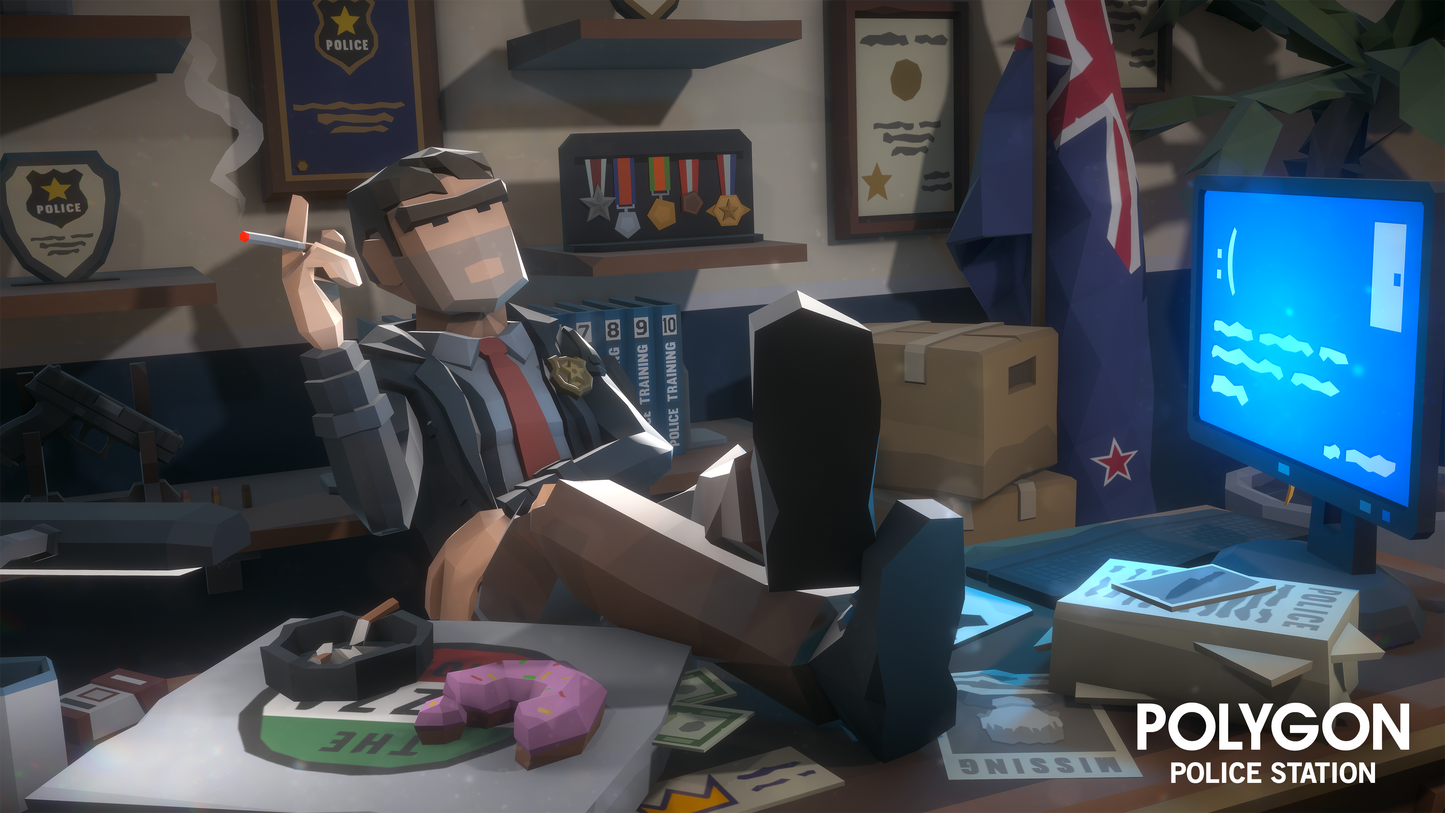 Low poly 3D detective character asset sitting in his office with his feet up on the table smoking a cigarette