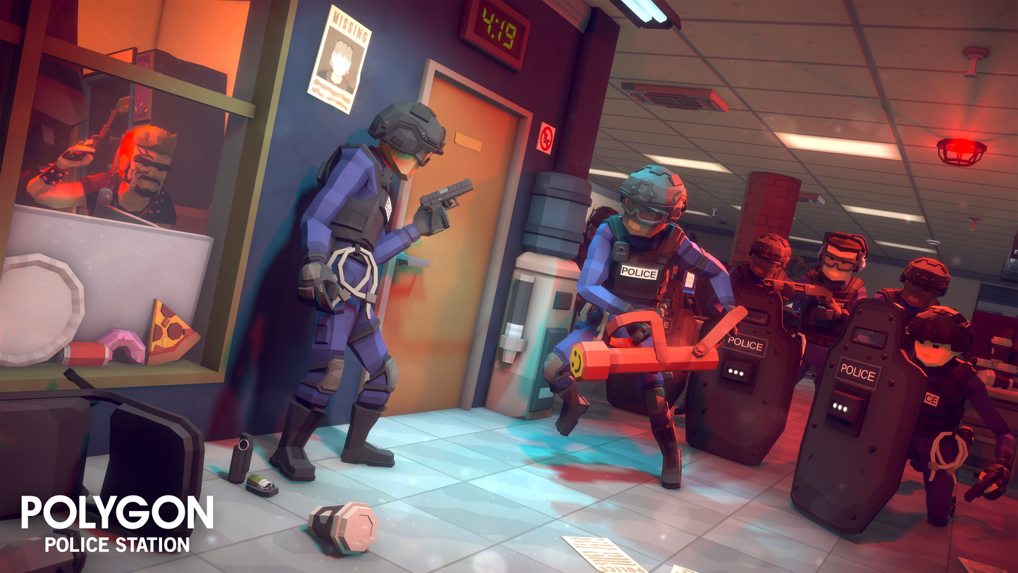 Polygon SWAT team 3D character assets busting open a door with armed suspects in the room
