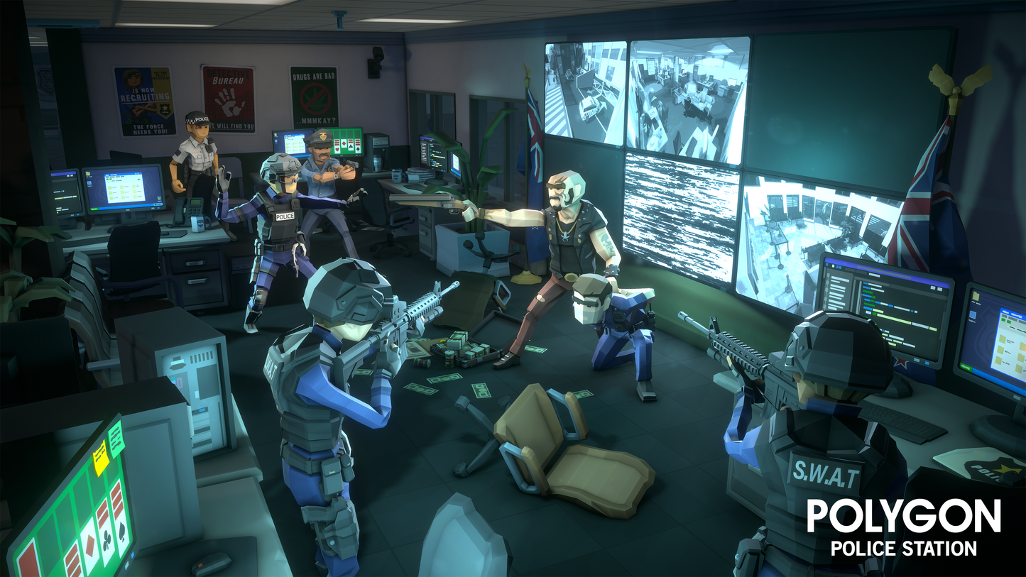 Low poly 3D SWAT team hostage negotiation scene with police officers and a criminal at a standoff with weapons drawn
