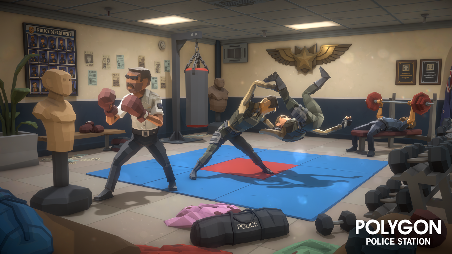 3D building and interior game assets for a police station training hall including martial arts, gym and close combat equipment