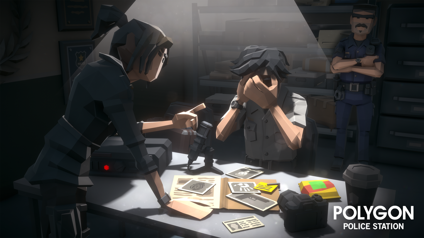 Low poly 3D game interrogation room, suspect and police officers