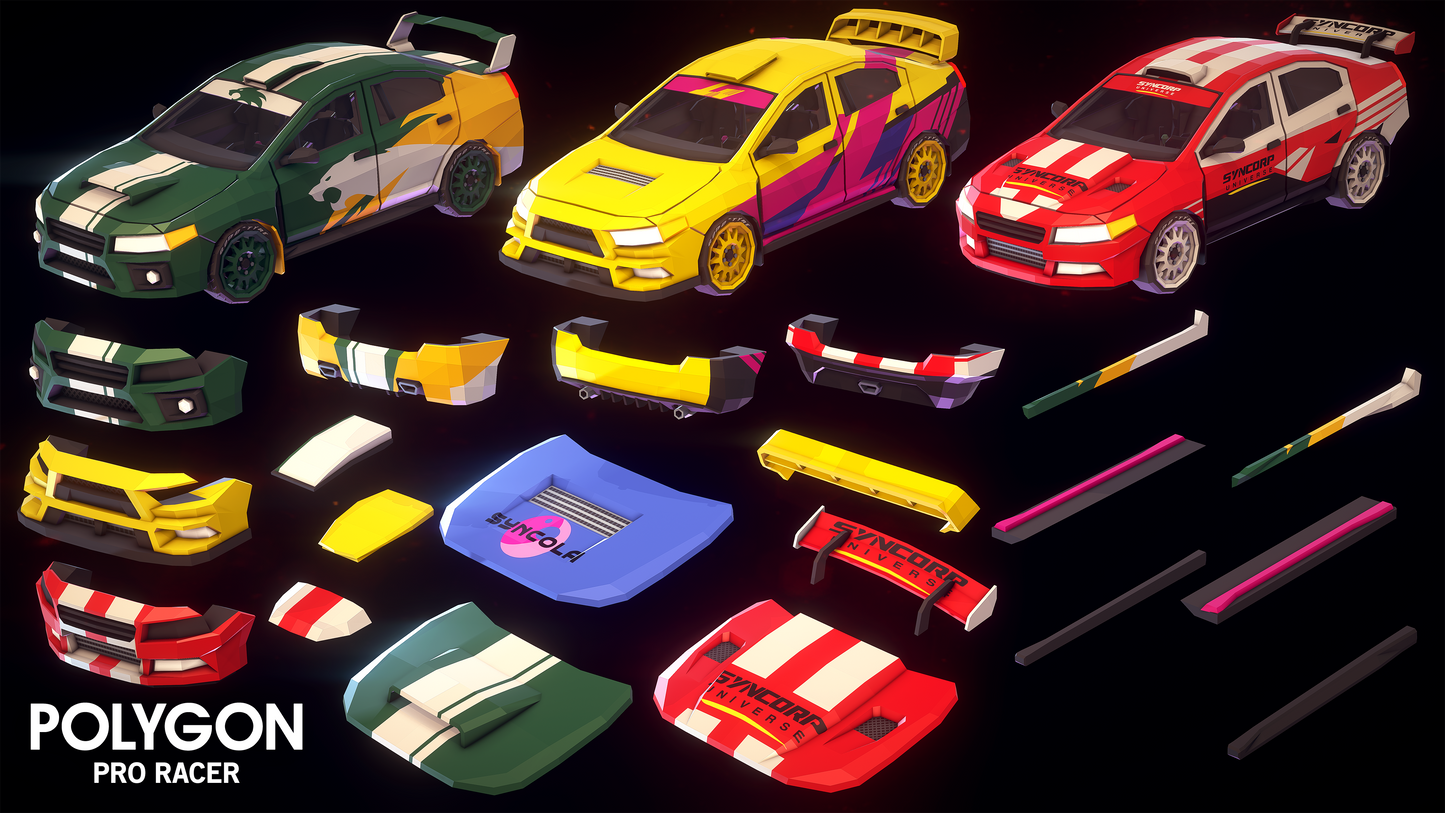 Polygon Pro Racer customizable 3D assets for building unique racing cars for games