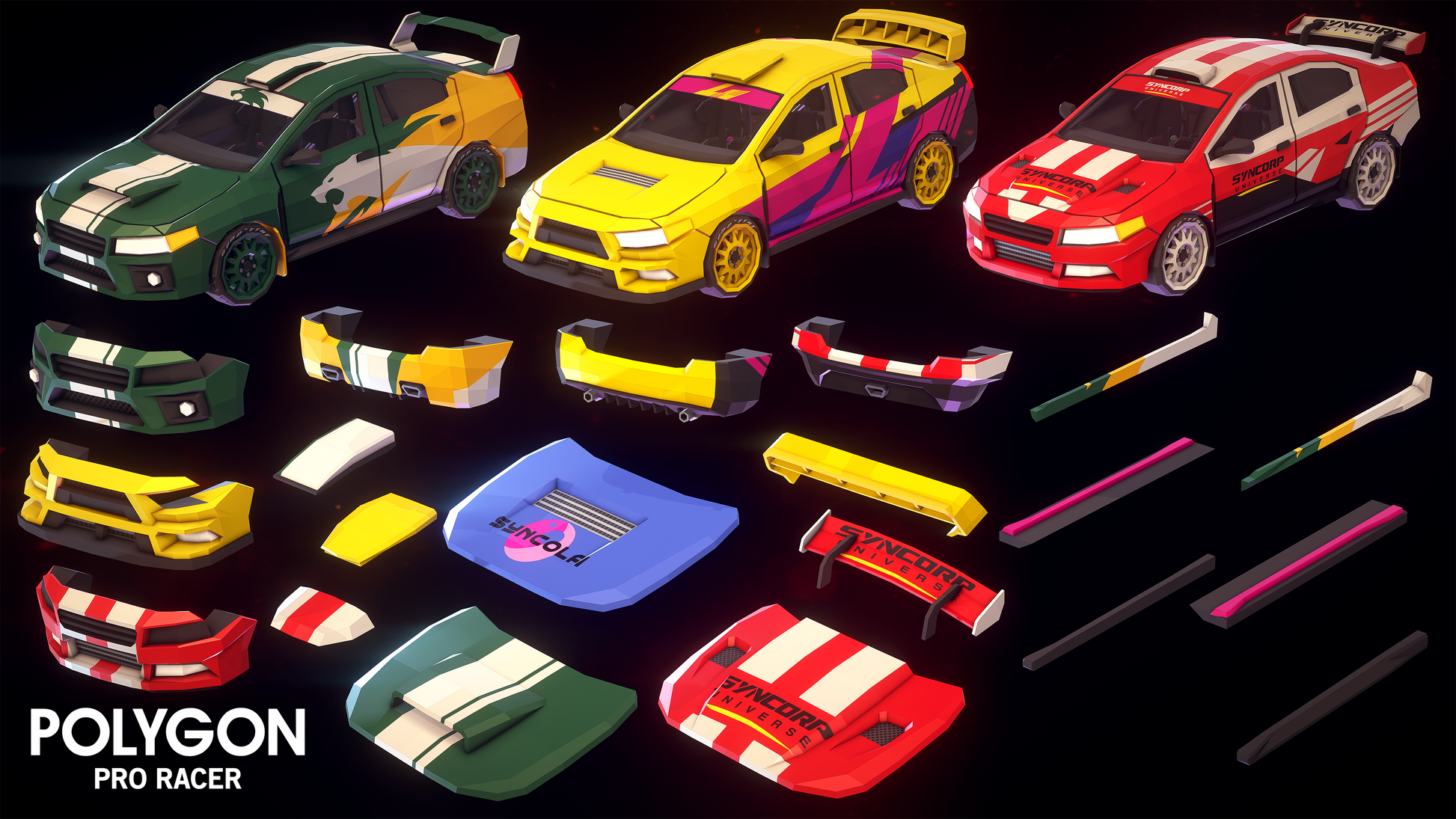 Polygon Pro Racer customizable 3D assets for building unique racing cars for games