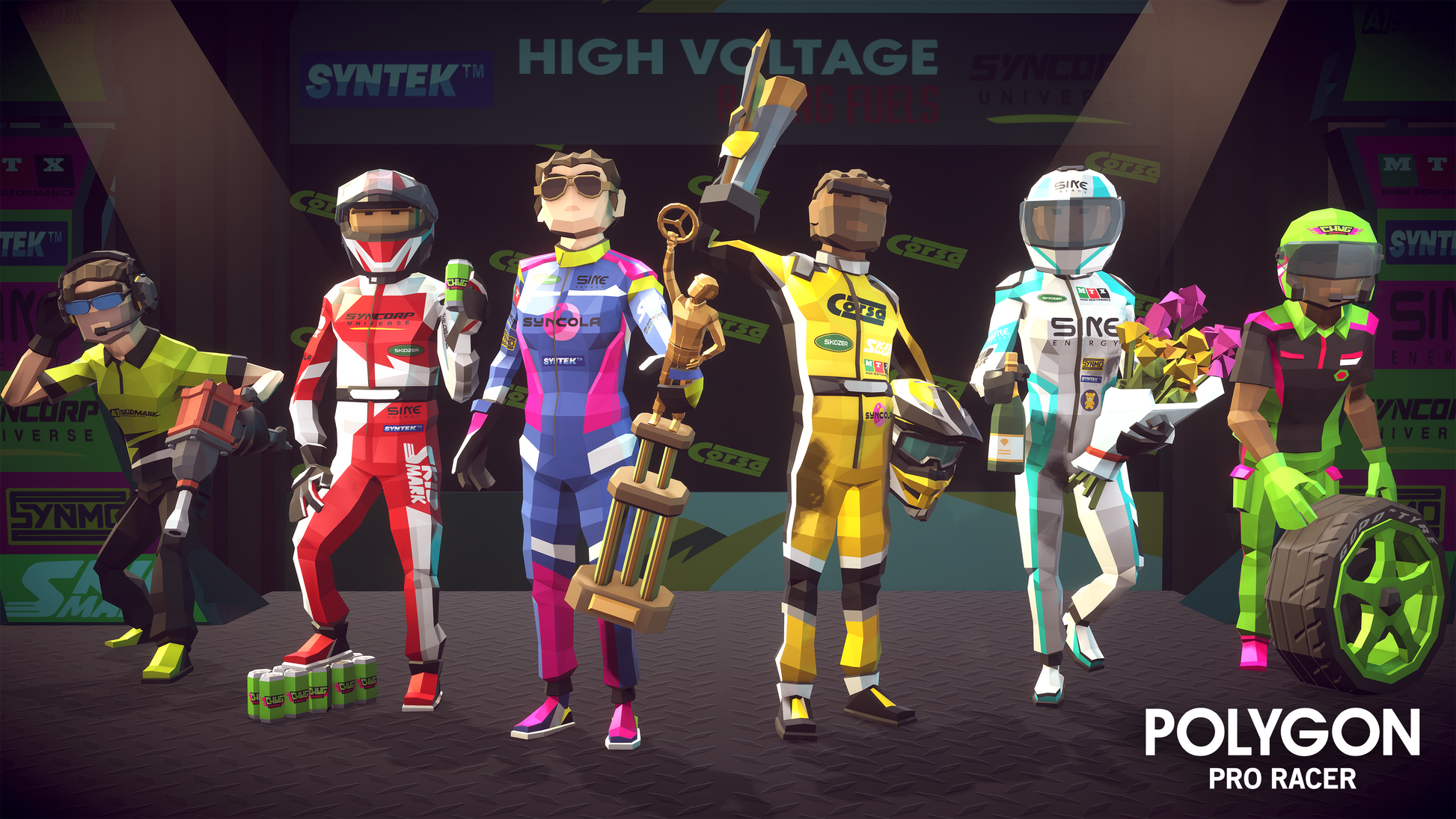 Low poly character assets from the Polygon Pro Racer pack including pit crews, drivers, maintenance teams and trophy assets