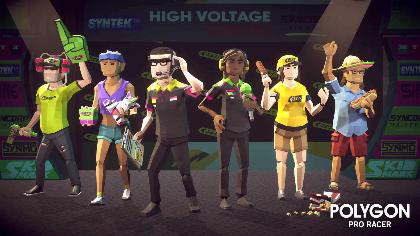 Low poly characters from the Polygon Pro Racer asset pack including spectators, race announcers and driving teams