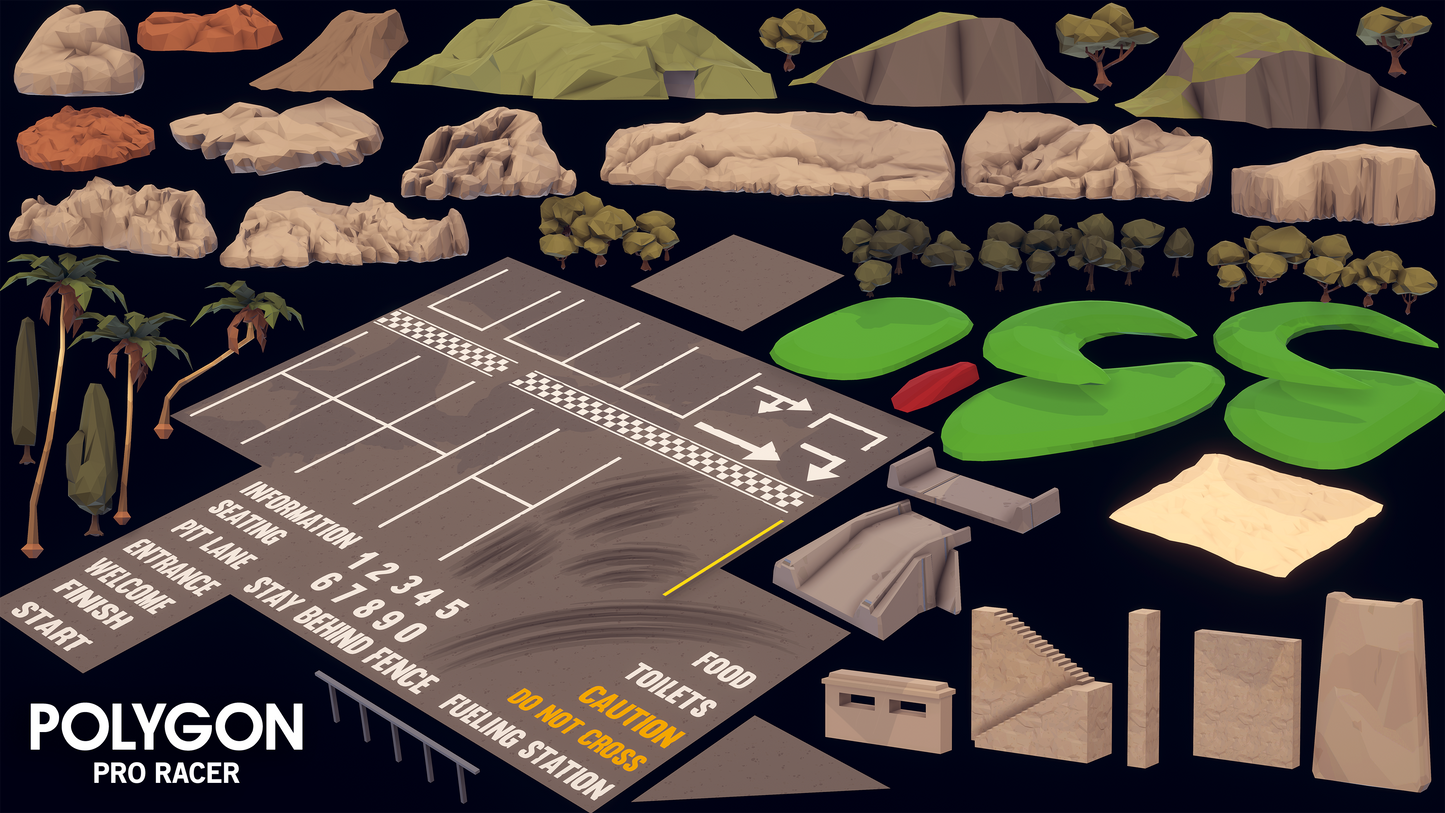 Polygon Pro Racer 3D environment assets including grass, trees, mountains, roads, stairs and bridges