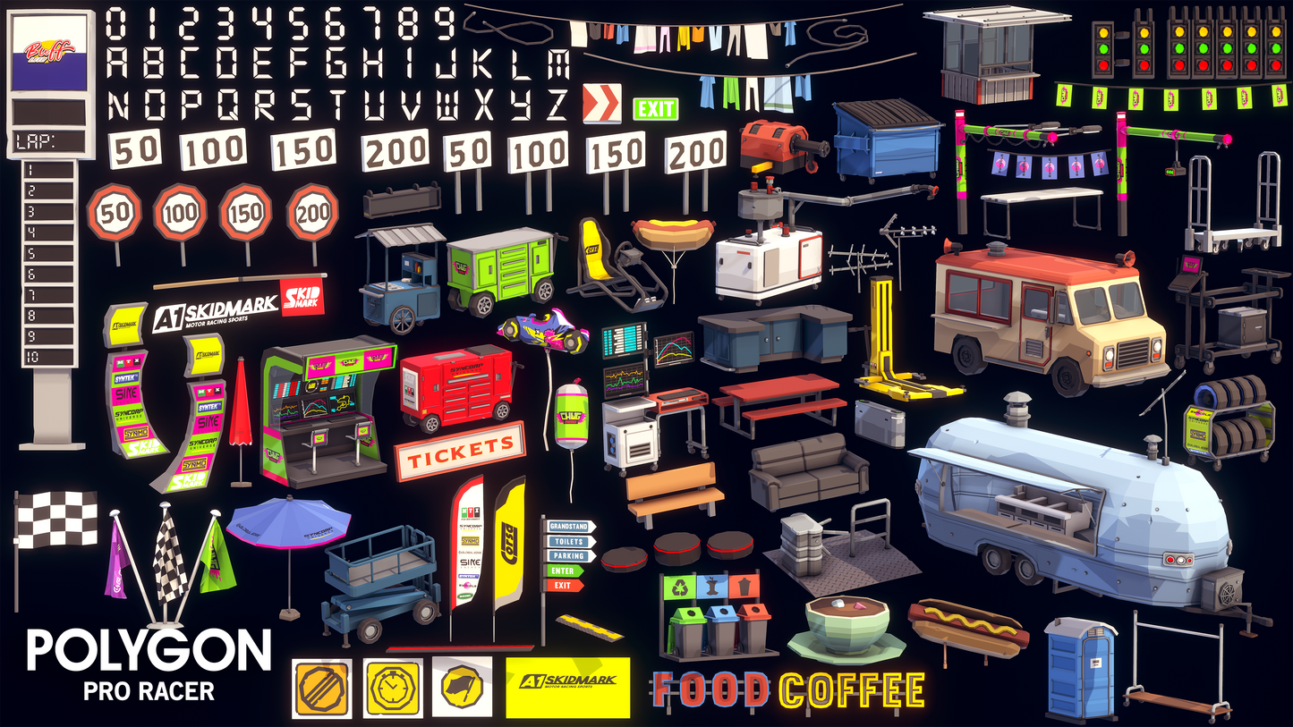 Polygon Pro Racer props that come with the asset pack for building immersive racing game environments including checkpoint flags, ticket booths, food trucks, scoreboards and stands for crowds