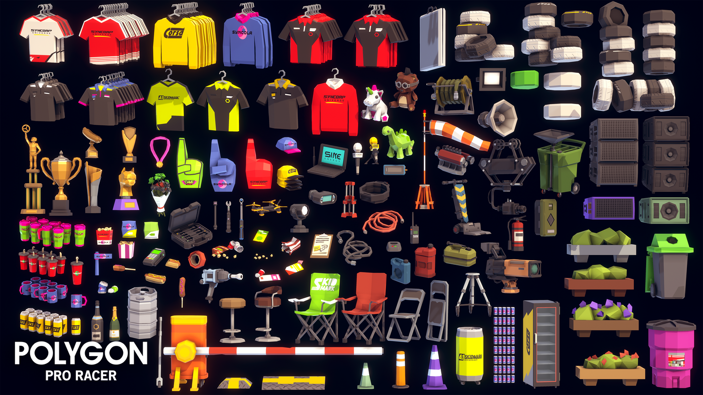 3D props for building racing game environments such as podiums, microphones, raceboxes, racing simulators, scissor lifts, screens, signs and speakers