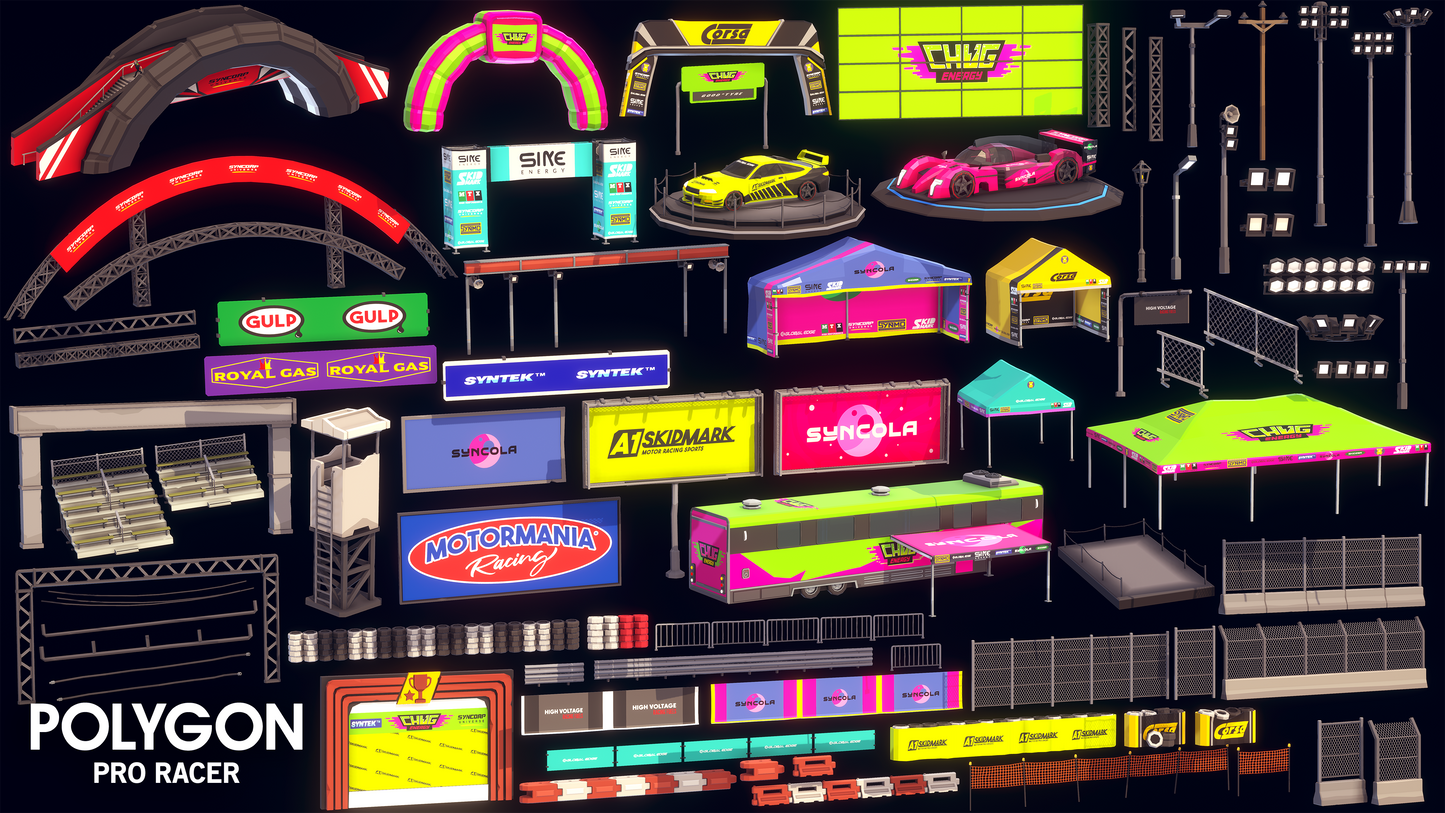 3D low poly asset signage for creating racing game environments such as stage pieces, symbols, tables, tents and vehicle lifts
