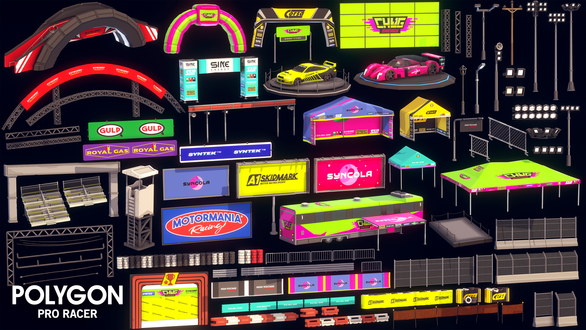 3D low poly asset signage for creating racing game environments such as stage pieces, symbols, tables, tents and vehicle lifts