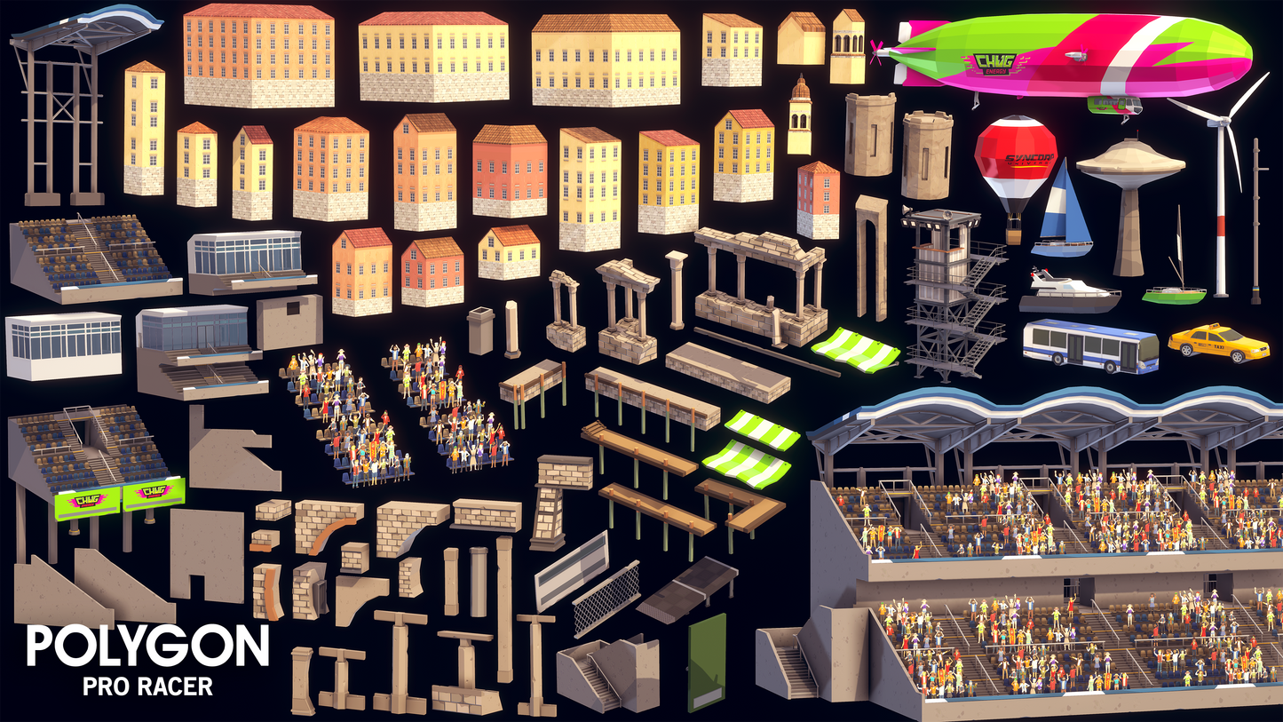 Low poly 3D assets for populating racing car games such as hot air balloons, billboards, bleachers, boom gates, breaker bars and public transport for the crowds