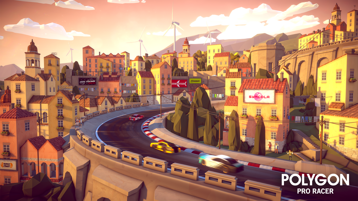 Monaco racing track built using 3D game assets including background buildings, ruins, towers, and spectators watching the cars race past them