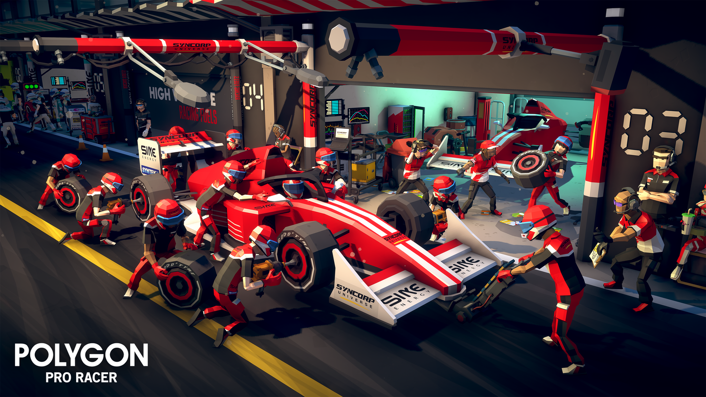 3D Low poly pit crew changing tires and getting the stock car ready for the next leg of the race