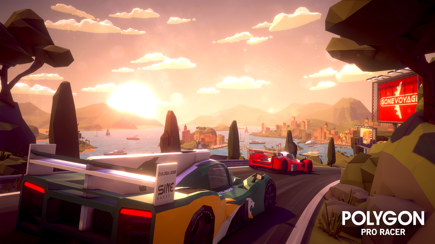 Close up view of two ralley cars speeding down a laneway that overlooks a harbour with the sun setting in the background